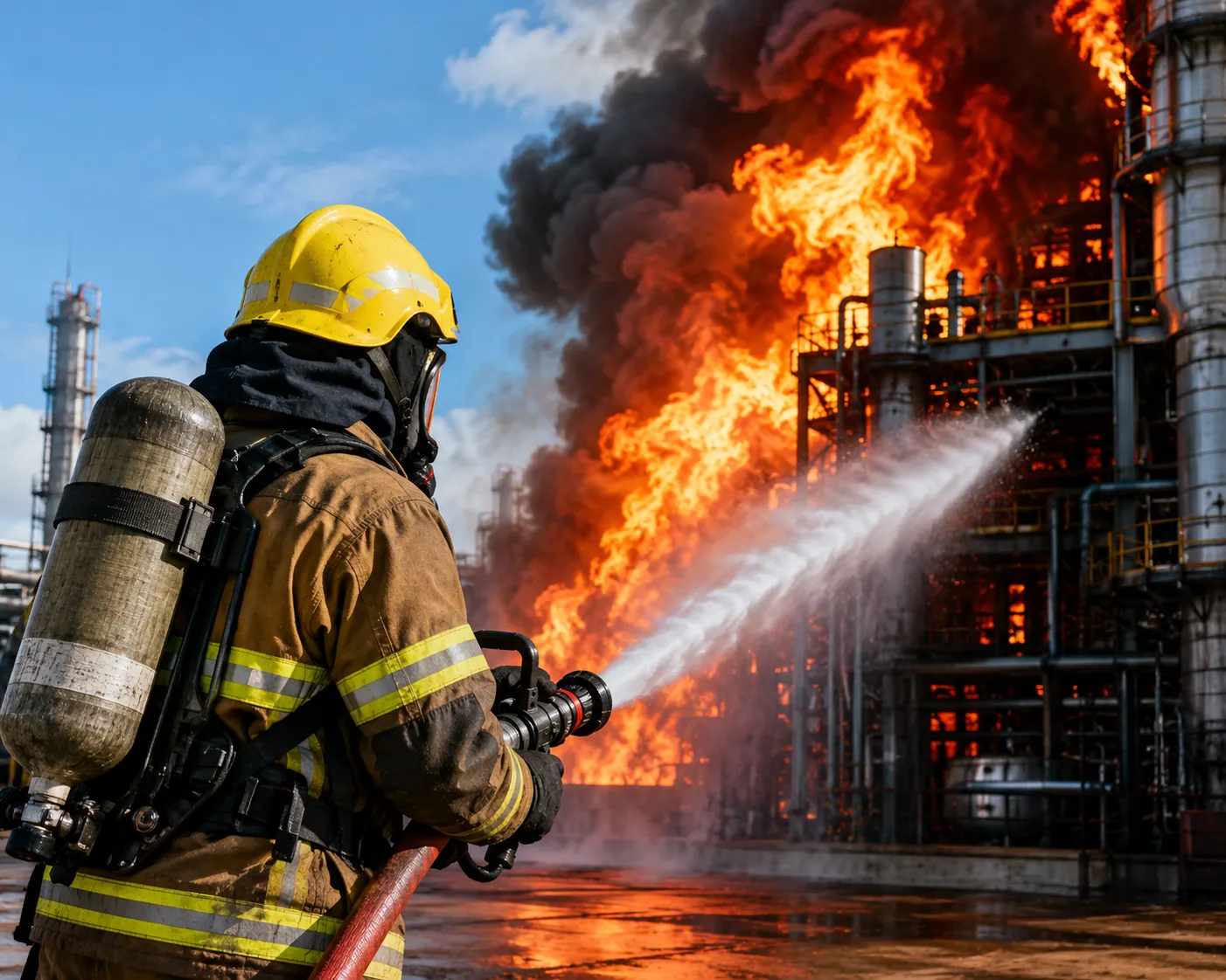 Firefighter spraying water on industrial fire. Image creat